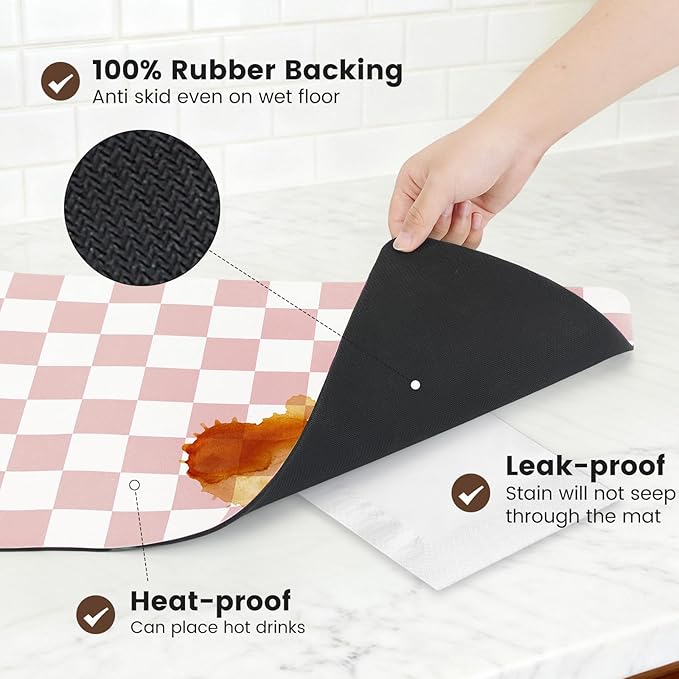 16" x 24" Checkered Dish Drying Mat for Kitchen Counter, Absorbent Coffee Bar Mat for Espresso Machine Coffee Countertops Accessories (Pink)