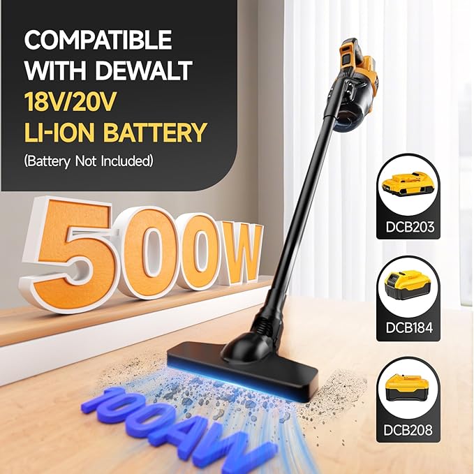 Cordless Vacuum Cleaner for Dewalt 20V Battery, 500W Handheld Vacuum Cleaner with Washable Filter, Portable Stick Vacuum for Floor Carpet Car Hardwood Pet Hair Home(Battery Not Included)