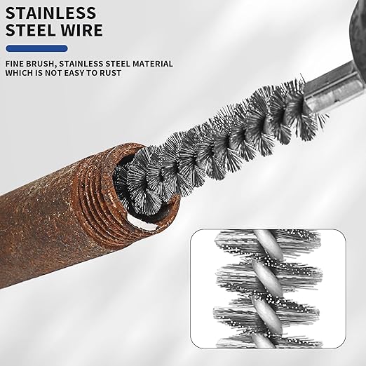 6Pcs Stainless Steel Bore Brush in Different Sizes Twisted Wire Cleaning Brush with Handle 1/4 Inch Hex Shank for Power Drill Impact Driver