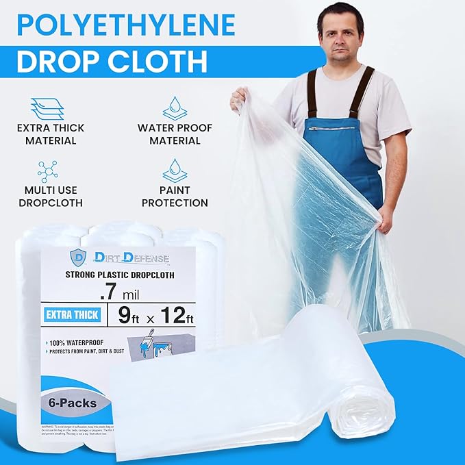 Dirt Defence Plastic Drop Cloth, 9x12 Ft Plastic Sheeting for Painting, Waterproof & Dust-Proof,Tear-Resistance Plastic Tarp for Painting, Floor, Furniture Cover Thick & Durable (6 PCS)