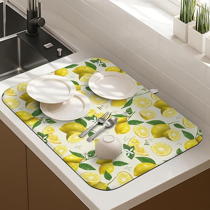 Dish Drying Mat Drainer Pads - Extra Large Microfiber Drying Mats for Dishes Kitchen Counter Super Absorbent Pads for Draining Racks (Yellow,16"x18" )