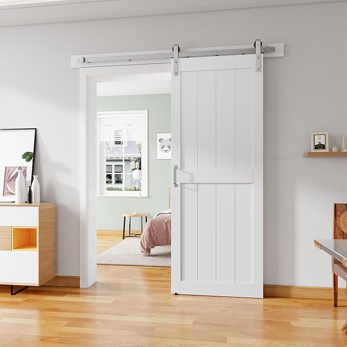 28''x84'' Sliding Barn Door with 5 Ft Brushed Nickel Hardware Kit& Handle& Floor Guides,Pre-Drilled Holes Easy Assembly - Include Installation Manual, Water-Proof PVC Surface, H-Frame