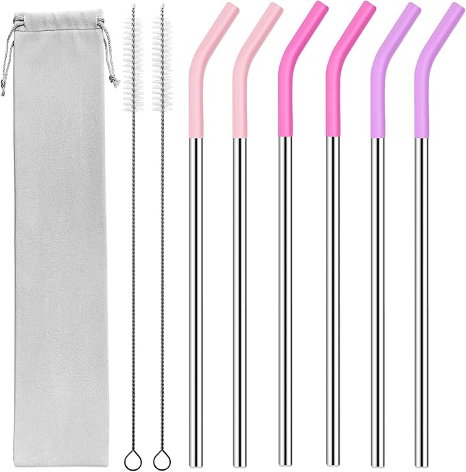 30 oz Stainless Metal Straws for 30 oz Stanley Tumbler, 6Pcs Reusable Straight Long Steel Straws with 12 Silicone Tips and 2 Straw Cleaning Brushes (3Color2, 30oz)