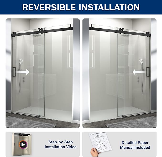 Abruzzo 76" Frameless Shower Door Single Sliding - 1/4" Tempered Glass Soft Close, Matte Black, Adjustable 56-60" Width
