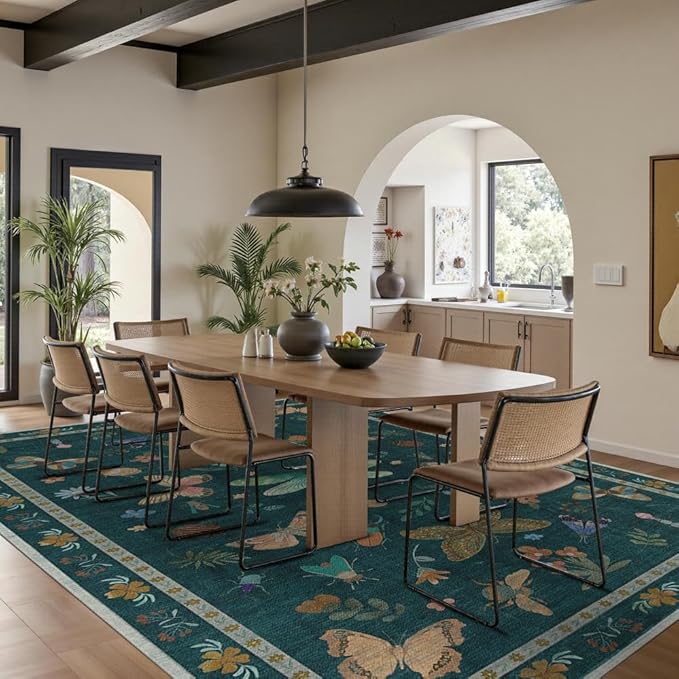 8x10 Washable Area Rugs for Living Room&Bedroom - Floral Boho Vintage Rug,Soft & Non-Slip,Low Pile Wool Carpet for Indoor Dining Room,Girls Room,Nursery Room and Kids Room(Teal)