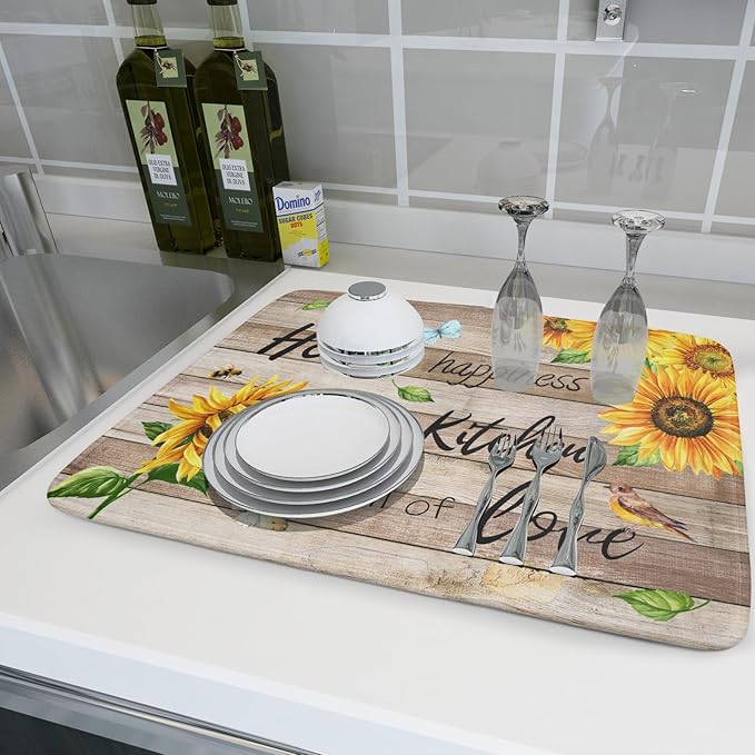 Sunflower Floral Dish Drying Mat for Kitchen Countertop 18x24 inch Rustic Wood Washable Microfiber Absorbent Dishes Drainer Rack Pad