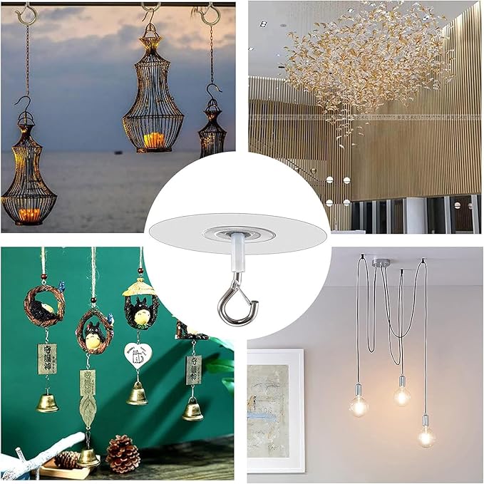 Adhesive Ceiling Hook - Weight-Bearing Stick-On Ceiling Hook, Sticky | Drill Free Hanging Hook with Safety Clasp, Water Resistant for Plants Chimes Storage
