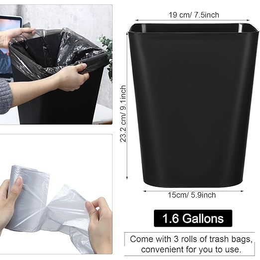 Eccliy 6 Pack Small Trash Cans for Bathroom Plastic Trash Can with 3 Rolls of Bags Small Wastebasket Garbage Bin Container, Bedroom, Home Office, Living Room, Kitchen (Black)