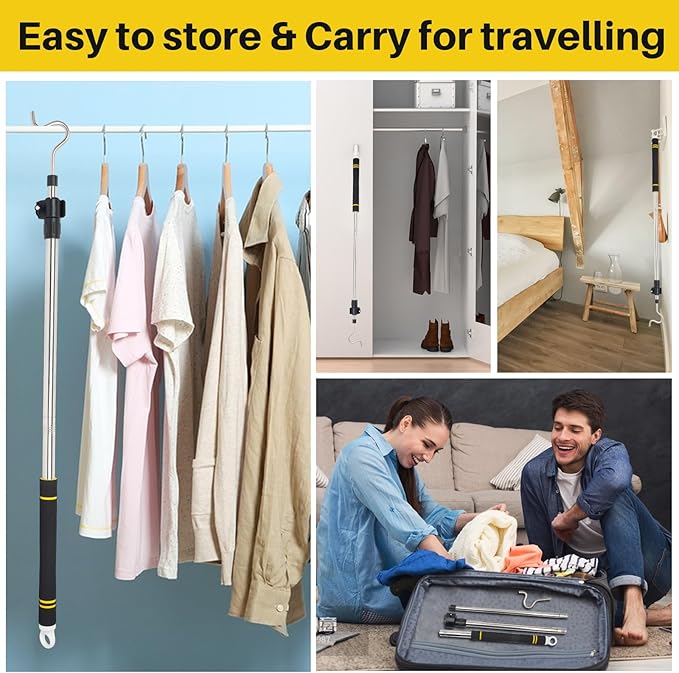 Clothes Hook Pole Heavy Duty, 36" to 65" Long Research Pole with Hook Sponge Long Handle Telescoping Pole Stainless Steel Tube S Hook Closet for Reaching Extending Rod Hang High Area Top