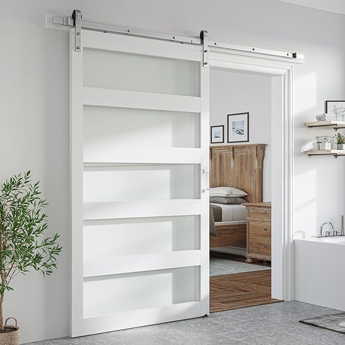 SmartStandard 48 x 84 inch Glass Barn Door with 8FT Brushed Nickel Sliding Hardware Kit & Handle, Pre-Drilled Ready to Assemble, Waterproof PVC Coating, White, 5-Panel Glass