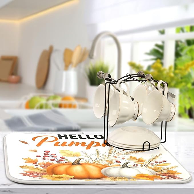 Hello Pumpkin Dish Drying Mat for Kitchen Countertop 18x24 Fall Harvest Leaves Berry White Large Drying Mat Reusable Quick Dry Dish Sink Mats Easy Clean Decorative Essentials