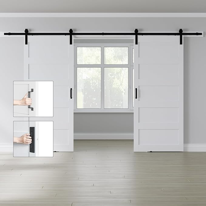 Double 36" x 96" White Barn Door with 12FT Sliding Door Hardware Kit Included, 5-Panel, Assemblely Needed, Waterproof PVC Surface, Max Opening 70in x 94in