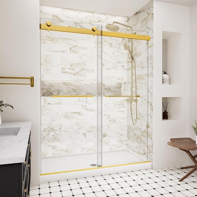 Frameless Shower Door,56-60" W x 74" H Double Sliding Glass Shower Door with 5/16" (8mm) SGCC Thick Tempered Clear Glass Shower Door,Soft Close System&Explosion-Proof Film Nano Coating,Brushed Gold