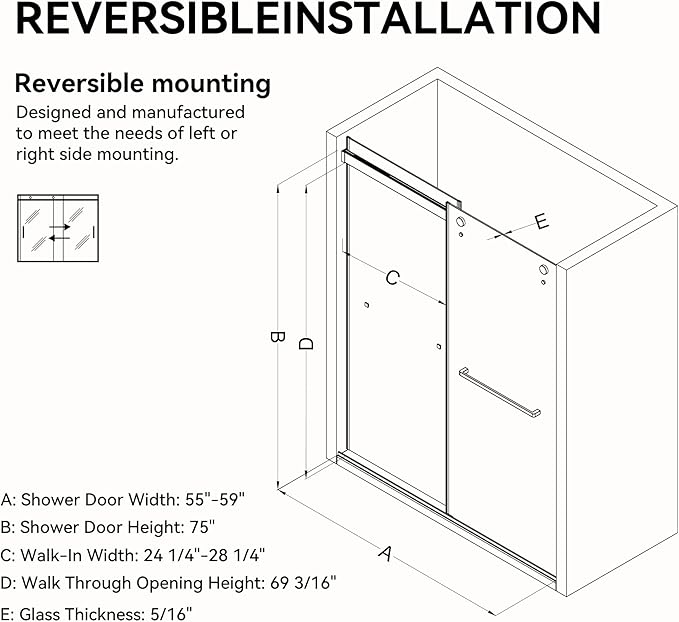 56"-60" W x 75" H Frameless Shower Door, Double Sliding Shower Door,5/16"(8mm) Clear Tempered Glass,Silent Soft-Close Design,Matte Black