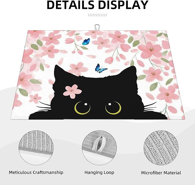 Flowers Black Cat Butterfly Dish Drying Mat for Kitchen Counter, 18"x24" Microfiber Absorbent Fast Dry Mat, 2Pcs Dish Mat Faucet Mats Sets, Large Drying Kitchen Mat Kitchen Drying Pad Coffee Bar Decor