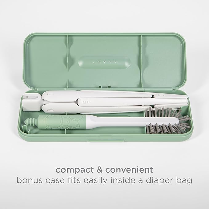 Ubbi On-the-Go Drying Rack and Brush Set, Includes Travel Case and Bottle Brush for Compact Storage, Holds Up To 8 Bottles, Baby Travel Accessories, Sage
