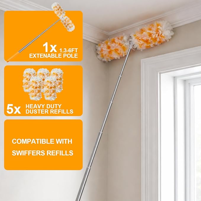 Gelibo Duster Kit with 6 ft Super Extendable Handle, 360° Rotating Ceiling Fan Duster with Locking Mechanism, Compatible with Swiffer, 5 Refills for Efficient Dusting in Hard-to-Reach Places