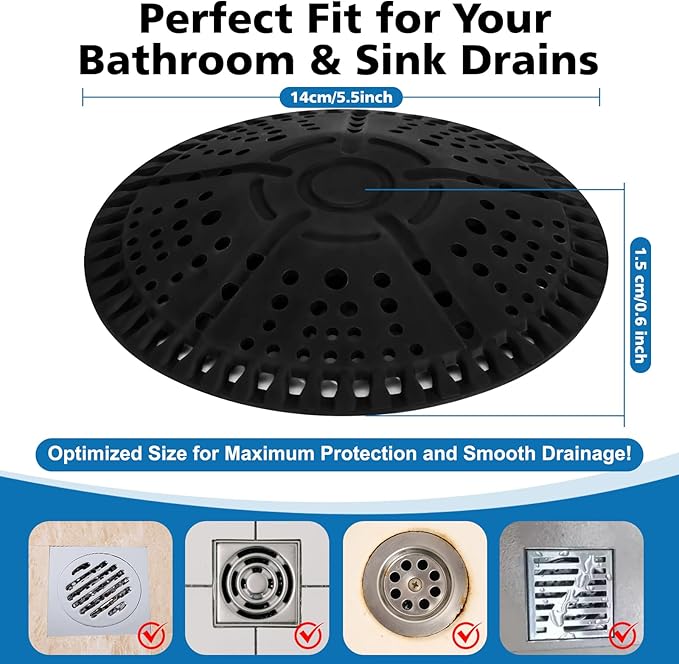 ZOOY Shower Drain Hair Catcher, 2 Pack 5.5 Inch Silicone Large Drain Cover, Bathroom Hair Drain Catcher, Flat Anti-Clog Hair Trap for Shower, Bathtub, Tub & Sink Hair Strainer(Black)