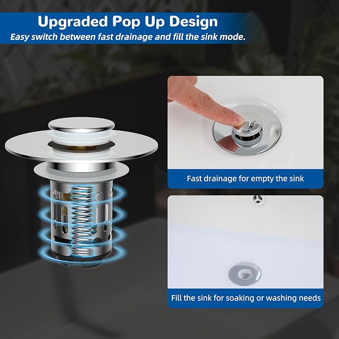 Hibbent 2 Pack 3 in 1 Bathroom Sink Drain Strainer, Universal Pop Up Stopper with Removable Stainless Steel Filter Basket Hair Catcher, Sink Plug for 1.1''~2.36'' Basin, Brass Bullet Core, Chrome
