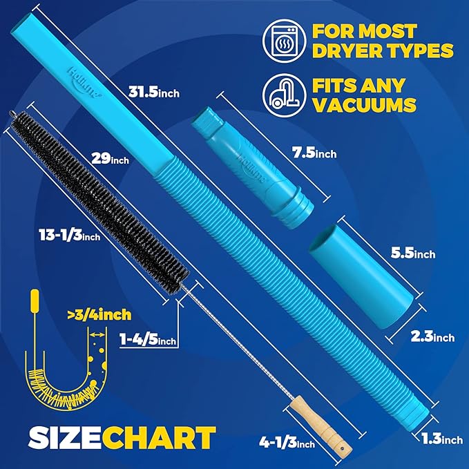 Holikme 2 Pieces Dryer Vent Cleaner Kit, Dryer Lint Vacuum Attachment and Flexible Dryer Lint Brush Vacuum Hose, Lint Remover, Refrigerator Coil Brush,Blue
