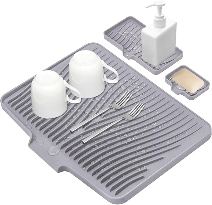 Silicone Dish Drying Mat, Stone Drying Mat for Kitchen Counter with Built-In Drain, Non-Slip Drain Pad with Built-in Drain, Heat Resistant Stone Drying Mat, Grey-1Set, 20" x 15"