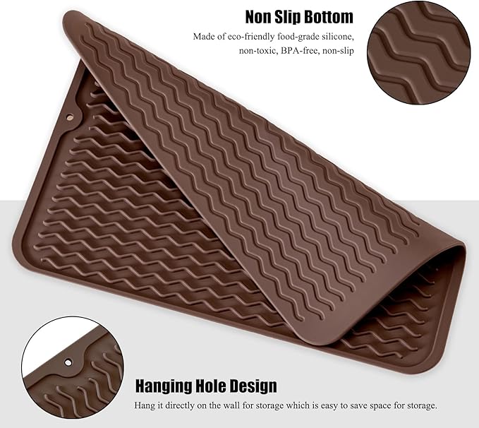 Large 24" x 18" Silicone Dish Drying Mat for Kitchen Counter, Easy clean, Quick Dry, Heat-resistant Dish Drainer Mat for Sink,Refrigerator or Drawer liner (Food Grade Silicone-Coffee)