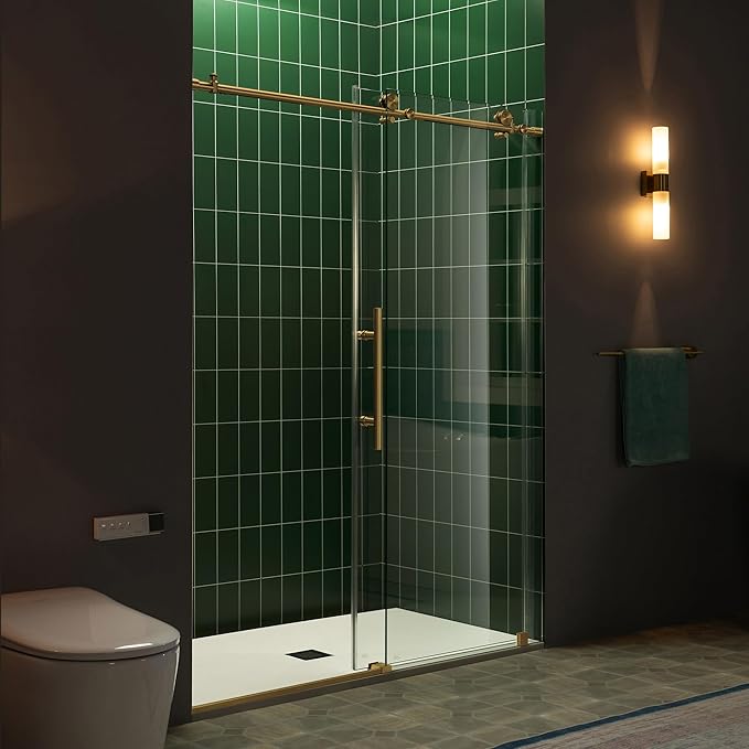 Woodbridge 57.5-60" W x 80" H Frameless Single Sliding Soft-Close Shower Door with Tempered Glass & Explosion Proof Film in Brushed Gold Finish