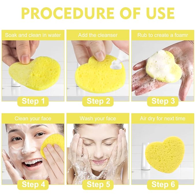 100-Count Compressed Facial Sponges for Estheticians Heart Shape Natural Cellulose Sponge Professional Cosmetic Spa Sponges for Face Cleansing, Massage, Pore Exfoliating, Mask, Makeup Removal, Yellow