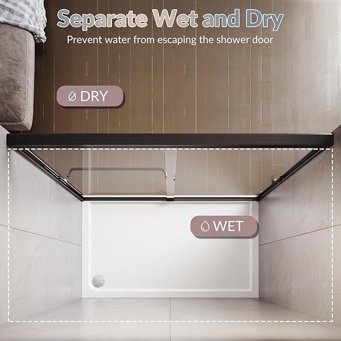 ELEGANT Shower Door 48" W x 72" H, Semi-Frameless Bypass Sliding Shower Doors, 1/4" Clear Glass, Black Finish