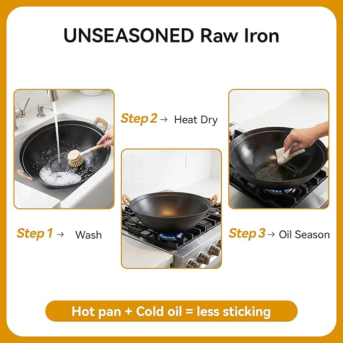 WANGYUANJI 14.2" Cast Iron Wok with Lid, Hand Hammered Chinese Wok Pan, Flat Bottom Stir Fry Pan for Induction, Gas & Electric Stoves, Uncoated Non-Toxic, Dual Handles