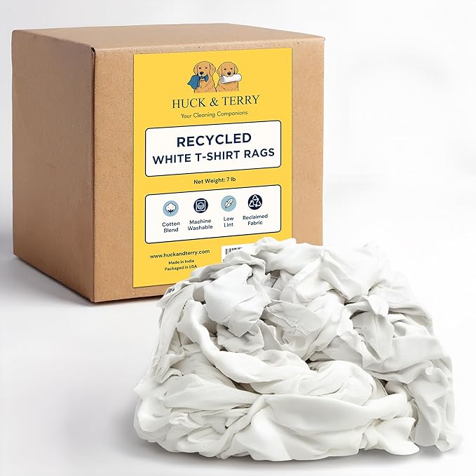 Huck & Terry White T-Shirt Bag of Rags, 7 LB, Recycled Material, Cotton Blend Bar Mop, Reclaimed, Eco-Friendly Cloth, Cleaning & Painting Rags, Lint Free, Highly Absorbent (7 Pound Box)