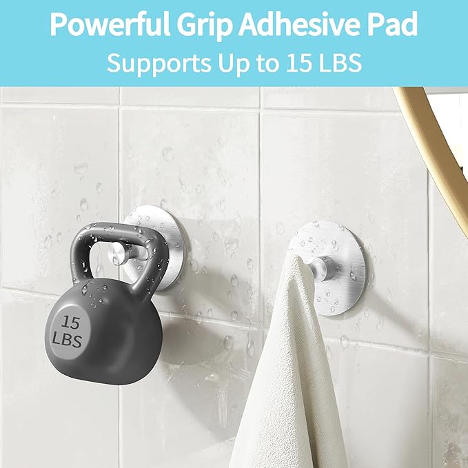 Adhesive Hooks for Walls No Damage 4 PCS, Heavy Duty Aluminum Strong Adhesive Towel Hooks for Bathrooms for Inside Shower for Hanging Loofah, Clothes, Robes