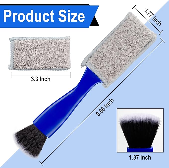 Double Head Brush for Car Clean, 2 in 1 Car Detailing Brush, Double Ended Portable Dust Brush with 2 Cleaning Cloth, Universal Dust Removal Brush for Air Conditioner Outlets, Dashboard Screen (Blue)