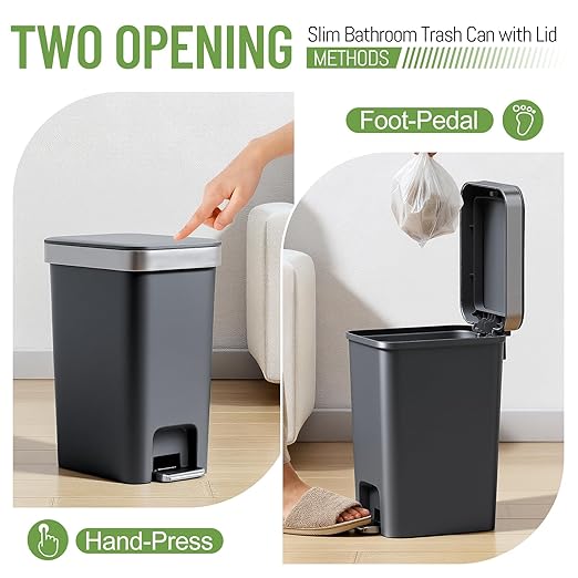 Bathroom Trash Can with Lid, 2.6 Gallon /10 Liter Small Garbage Can, Press Top Bin & Step Metal Pedal Trash Bin Plastic Wastebasket for Bedroom, Office, Kitchen, Dorm (Black Gray)
