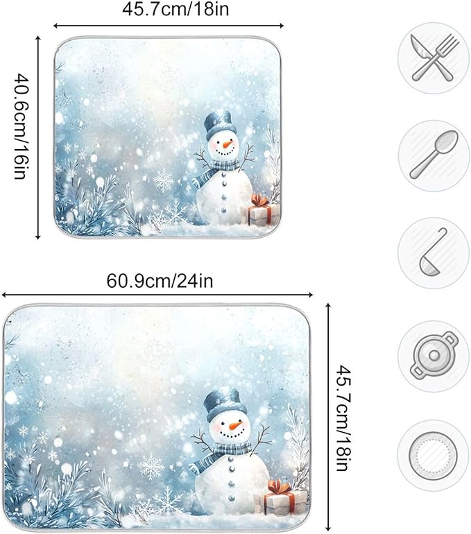 Winter Snowman Silver Dish Drying Mat for Kitchen Countertop 16x18 Christmas Snowflake White Xmas Small Drying Mat Reusable Quick Dry Dish Sink Mats Easy Clean Decorative Essentials