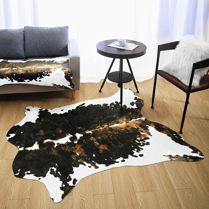 Amearea Faux Cow Hide Rug 3.2x2.3 Feet, Premium Western Home Decor Cow Print Rugs for Living Room, Faux Leather Animal Cowhide Carpet for Bedroom, Dining Traditional Cow Print Stuff Carpets, Brown