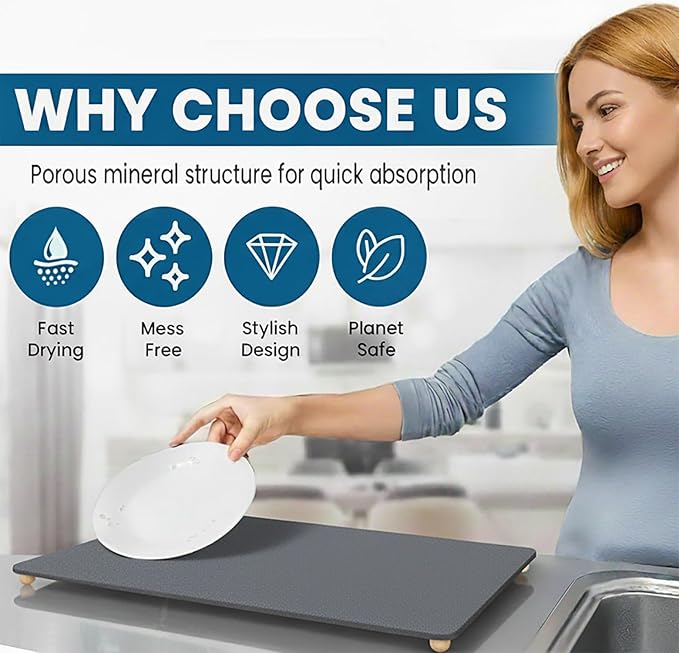 Stone Drying Mat for Kitchen Counter with 5 Wooden Feet, Dark Gary 19.7"×14.7" Diatomaceous Earth Dish Drying Mat, Elevated Drying Stone Mat for Modern Kitchen Countertop (Light Gray, Standard)