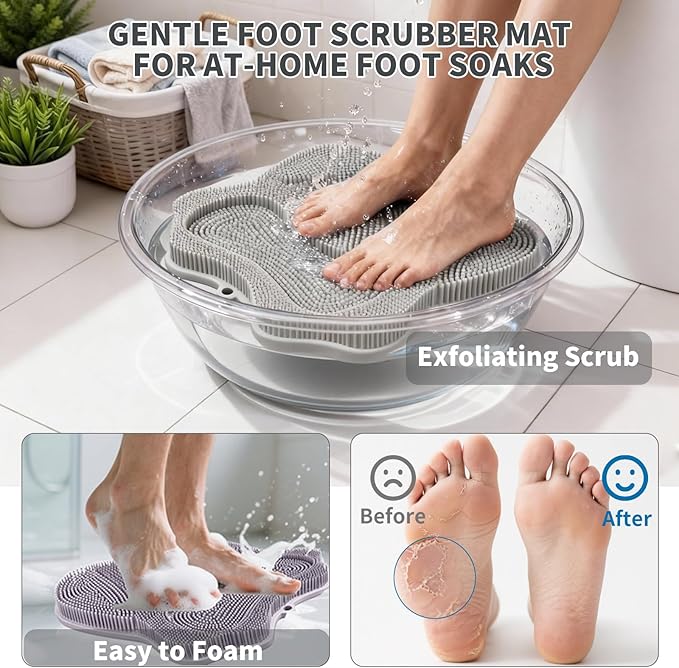 Show Foot Scrubber Mat & Silicone Back Scrubber with Butterfly Form Design,3 Brush Designs for Deep Cleaning Shower Foot Scrubber Mat, Wall Mounted Back Scrubber Silicone Bath(Grey)