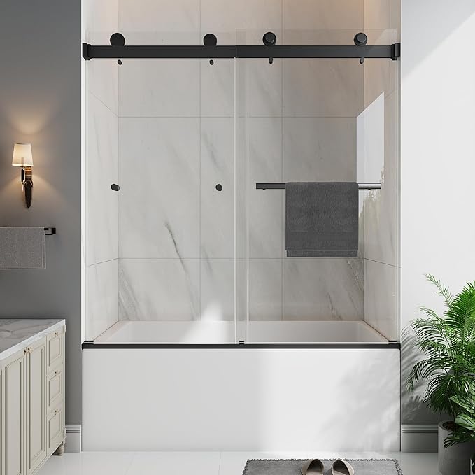 Frameless Bathtub Shower Door, 55-60" W x 60" H Double Sliding Tub Shower Door, 1/4''(6mm) SGCC Tempered Glass with Explosion-Proof Film Nano Coating, Matte Black