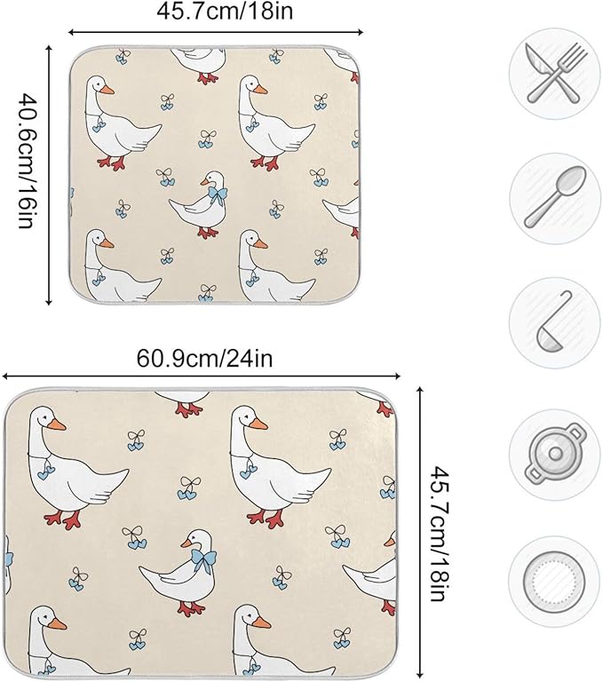 Goose Blue Hearts and A Bow Dish Drying Mat for Kitchen Counter 18x24 inch Super Absorbent Drying Mat Large Dish Drying Mats for Kitchen Countertop Protector Dishes Pad