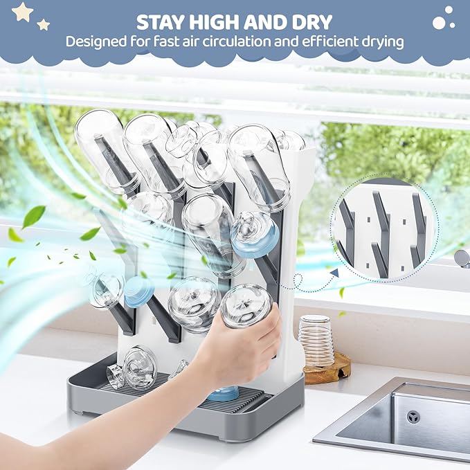 Dayacoco Baby Bottle Drying Rack, Space Saving Vertical Bottles Dryer Holder, Standing Bottle Drying Rack for Countertop Kitchen Organize Bottles, Brushes, Baby Accessories (Gray)