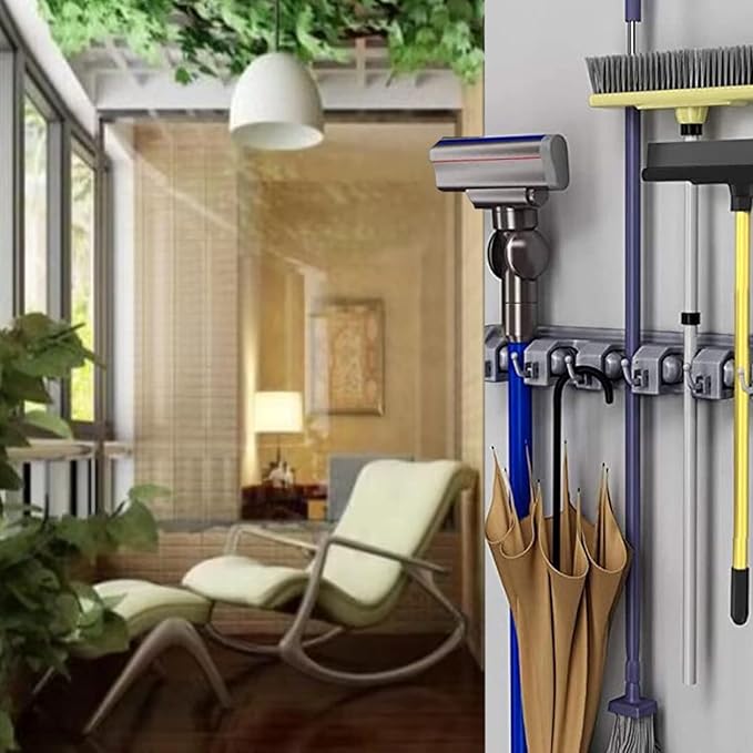 PP Plastic Multi-Function Broom & Mop Wall Mount Holder (16.9×3.35×2.36in, Gray) - Screw-Mounted Space Saver for Kitchen/Garage/Garden Tool Organization