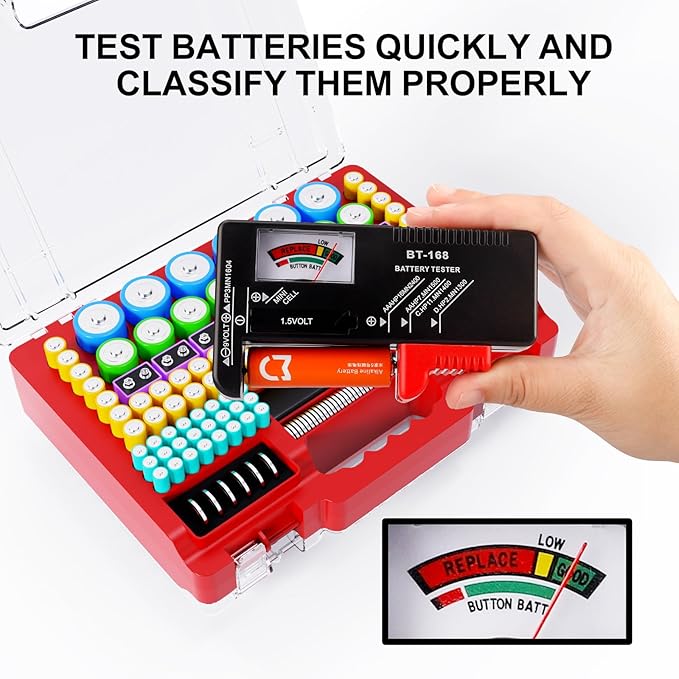 Battery Organizer Storage Holder Box Case with Tester, Ultra-Large 262+ Batteries Container with Double-Sided, Holds AA AAA 4A 23A C D Cell 9V 3V Lithium 4LR44 CR3 CR123A 18650 (Red)