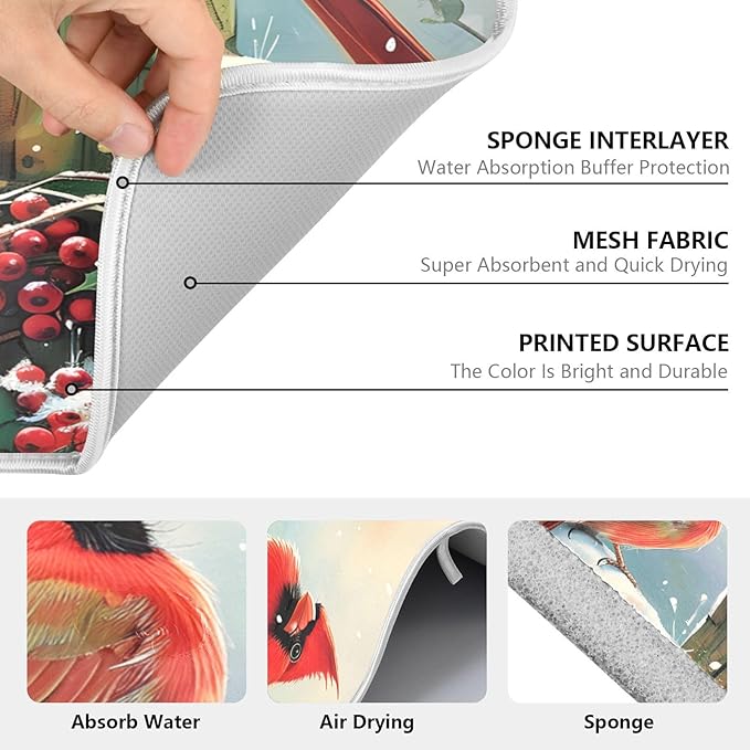 Winter Birds Snowflakes Berry Dish Drying Mat for Kitchen Counter Absorbent Microfiber Small Christmas Drying Pad Dish Mats for Kitchen Countertops 16 x 18 Inch