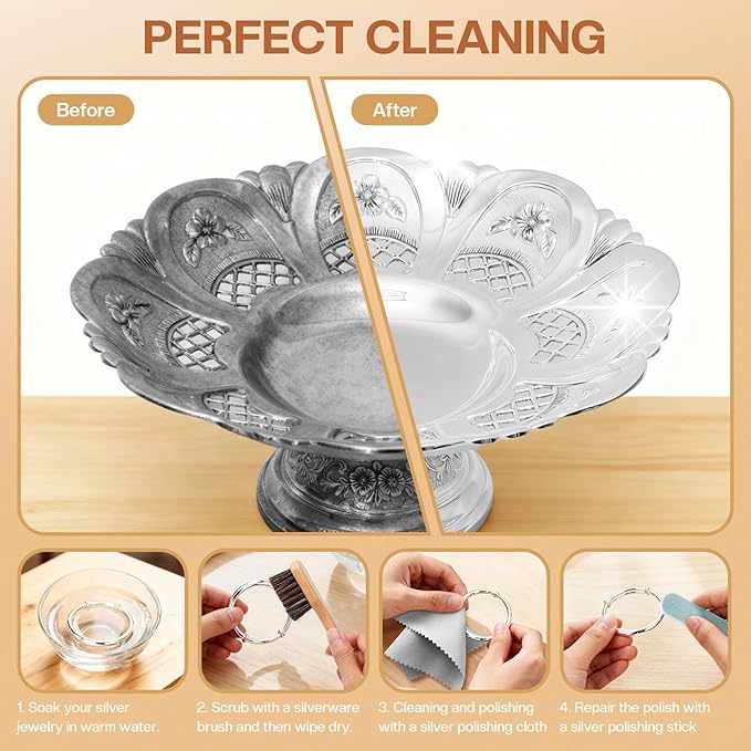 4 Pcs Horsehair Silver Cleaning Brushes Dauber Sterling Detail Polish Brush Applicator Set with Polishing Cloth for Silverware Plateware Jewelry Cleaner(Style B)