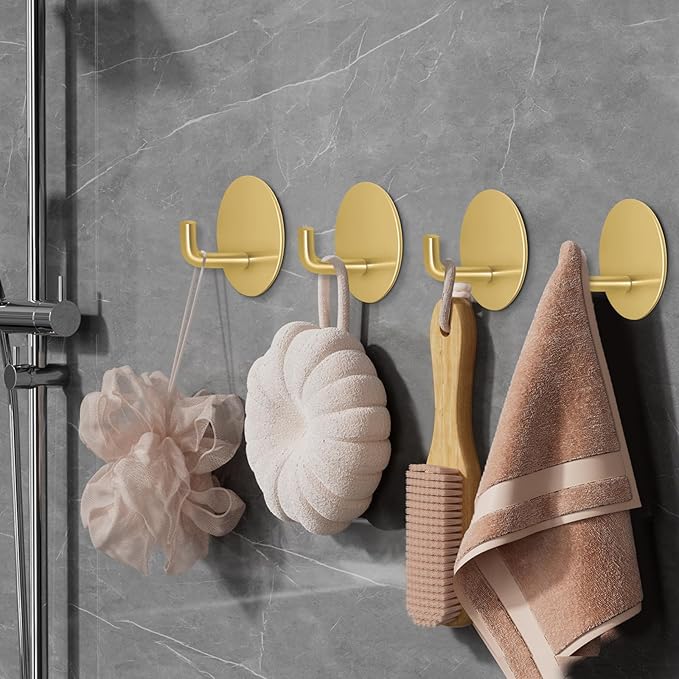 Adhesive Hooks for Bathrooms, 4 Piece Towel Hooks for Hanging Hat Robe Coat, Stick on Hooks for Kitchens, Strong Self-Adhesive No Damage Waterproof Stainless Steel Sticky Hook (Gold)