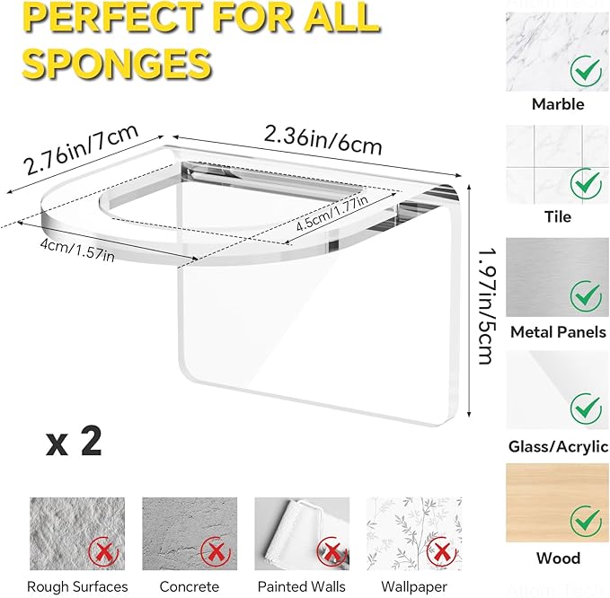 NiHome Clear Acrylic Kitchen Sink Brush Holder 2PCS, Universal Fit Compatible with All Sink Types for Practical & Stylish Brush Storage, Easy Installation Sleek Modern Design with Secure Nano Adhesive