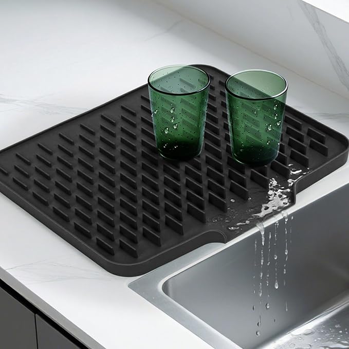 LONGKING Black Non-Slip Dish Drying Mat - Multi-Use Silicone Mat & Dish Drying Rack for Kitchen Counter