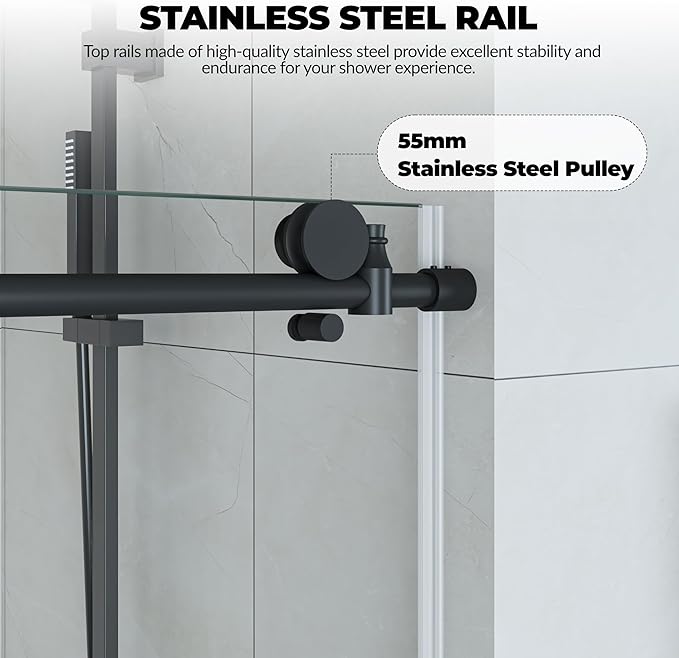 56-60" W x 76" H Frameless Sliding Shower Door - 1/4" (6mm) Clear Tempered Glass, Waterproof, Matte Black Bathroom Door with Easy Installation