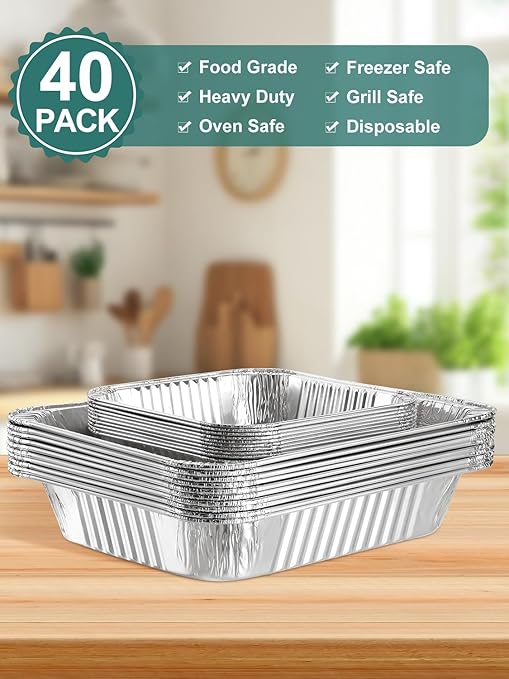 40 Pack Disposable Aluminum Foil Pans Assorted Sizes - 20 Large 10.25x12 Half Size Aluminum Pans & 20 Small 8x8 Tin Foil Baking Pans, Tin Trays Containers for Meal Prep, Food Cooking, Roasting